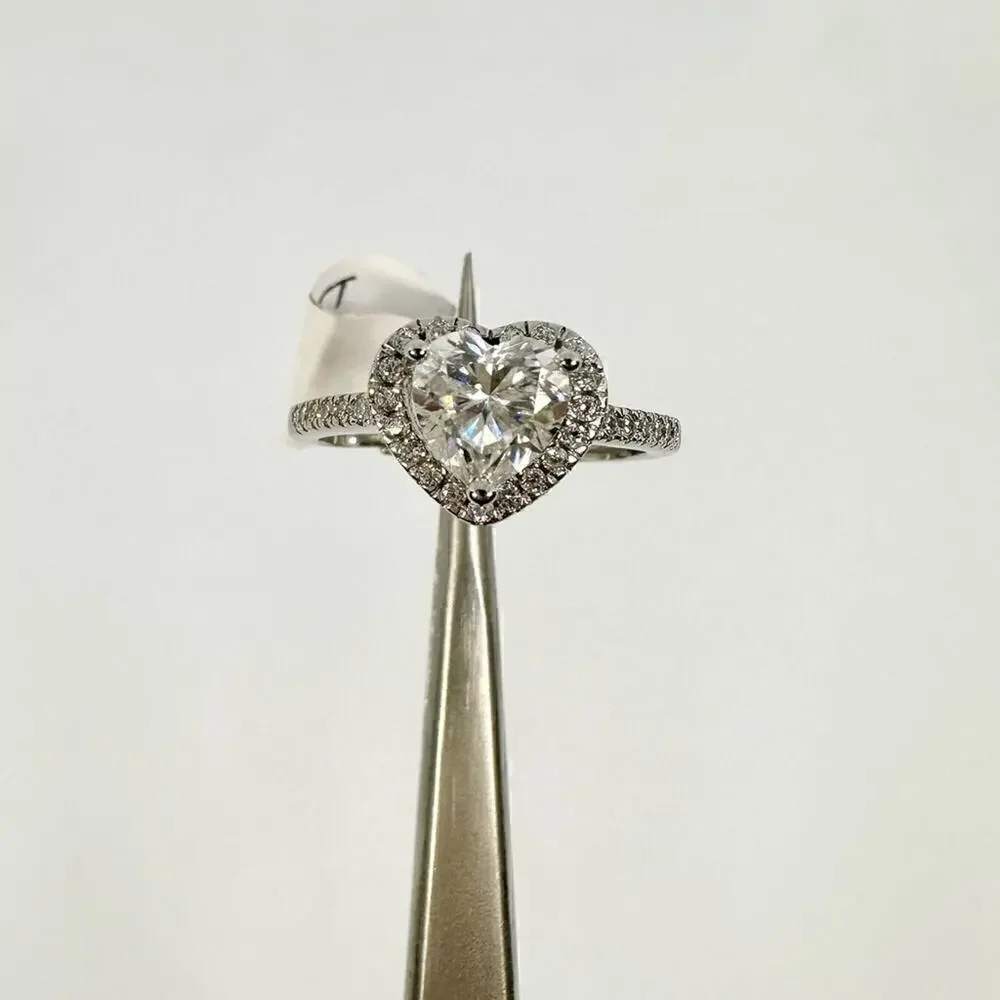 Heart Cut Halo Moissanite Diamond Engagement Ring 1.2 Ct Adjustable Ring.